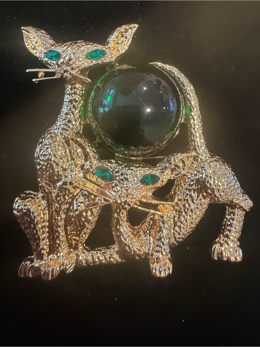 LARGE Vintage Gold Cat Brooch with Emerald Green Accents. Kitschy Anthropomorphi